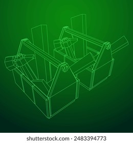 Caja de herramientas de madera con herramientas. Ilustración vectorial de malla de polietileno baja