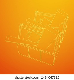 Caja de herramientas de madera con herramientas. Ilustración vectorial de malla de polietileno baja