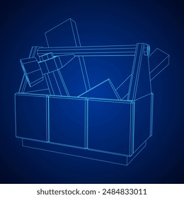 Wooden Toolbox with Tools. Wireframe low poly mesh vector illustration