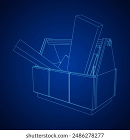 Caja de herramientas de madera con herramientas. Ilustración vectorial de malla de polietileno baja