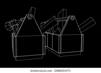 Caja de herramientas de madera con herramientas. Ilustración vectorial de malla de polietileno baja
