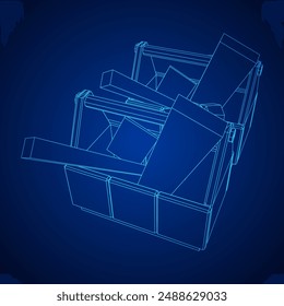 Caja de herramientas de madera con herramientas. Ilustración vectorial de malla de polietileno baja
