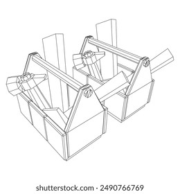 Wooden Toolbox with Tools. Wireframe low poly mesh vector illustration