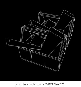 Wooden Toolbox with Tools. Wireframe low poly mesh vector illustration