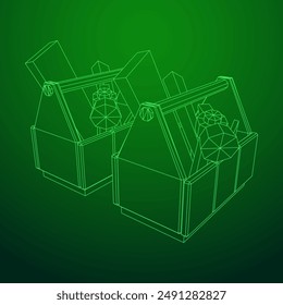 Caja de herramientas de madera con herramientas. Ilustración vectorial de malla de polietileno baja