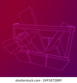 Caja de herramientas de madera con herramientas. Ilustración vectorial de malla de polietileno baja