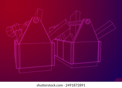 Holzwerkzeugkasten mit Werkzeugen. Drahtmodell-Vektorillustration mit niedrigem Polynetz