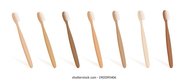 Wooden toothbrush set with different natural colors and wood textures. Isolated vector illustration on white backgrond.
