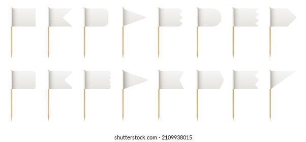 Wooden toothpick with white paper flag shapes for food. Realistic little tooth pick sticks for lunch decoration. 3d small flags vector set. Different forms of blank pennants isolated on white