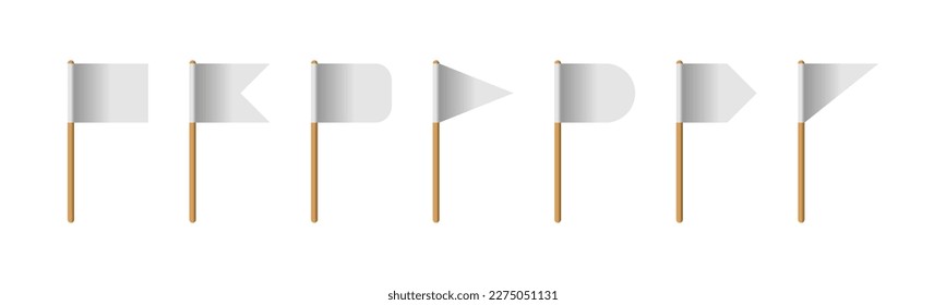 Wooden toothpick with white paper flag shapes for food. 3d small flags vector set. Different forms of blank pennants isolated on white