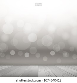 Wooden top table with light blurred bokeh background used for montage or display product. Vector illustration.