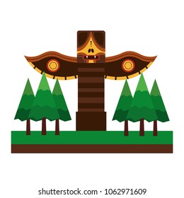 wooden totem in forest pine trees