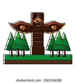 wooden totem in forest pine trees