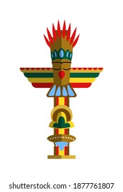 Wooden totem pole with eagle bird on white background