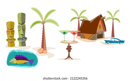 wooden totem,palm trees,recreation center.summer warm sea, air waves, diving fish.vector illustration.isolated on a white background.print.textiles,wallpaper,background.design for your business.