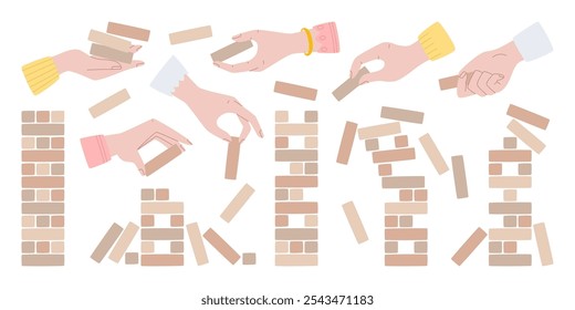 Holz Turm Jenga Spielzeug Tisch Gleichgewicht Spiel-Set. Menschliche Hände, die hohe Würfel Block Puzzle Konstruktion Stacking Ziegelelemente genießen spielerische Aktivität und das Risiko der Wahl Vektorgrafik