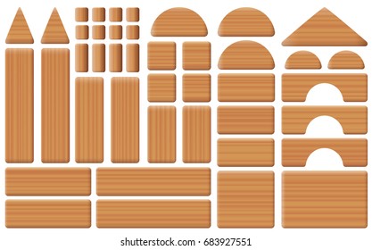 Wooden toy blocks - collection of building bricks, pillars, arch and roof elements - all parts with wooden texture. Isolated vector illustration on white background.