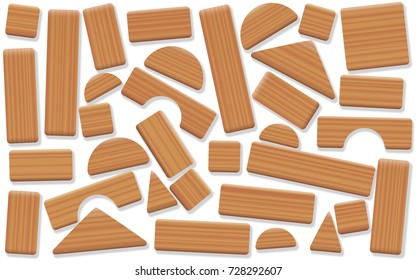 Wooden toy blocks, jumbled and mixed up wood pieces of different shapes - natural childhood building and leisure game. Isolated vector illustration on white background.