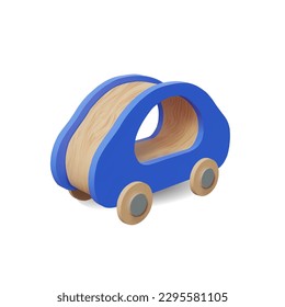 Wooden toy of blue car. Montessori toys for choldren. Vector illustration in 3d style. Plastic free toys, eco-friendly.