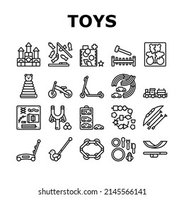 Wooden Toy For Children Play Time Icons Set Vector. Fishing Magnetic Game And Slingshot, Track For Playing With Car And Ring Stacker, Train And Puzzles Wooden Toy Black Contour Illustrations