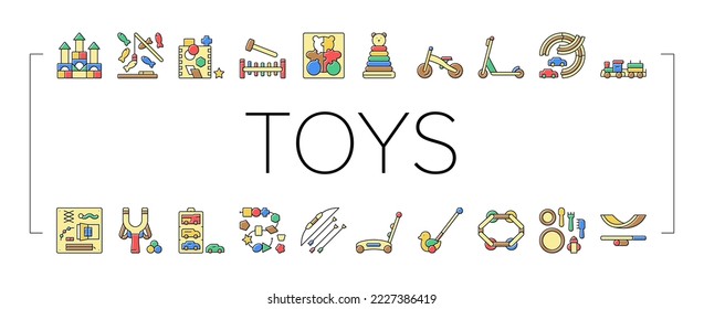 Wooden Toy For Children Play Time Icons Set Vector. Fishing Magnetic Game And Slingshot, Track For Playing With Car And Ring Stacker, Train And Puzzles Wooden Toy Color Illustrations