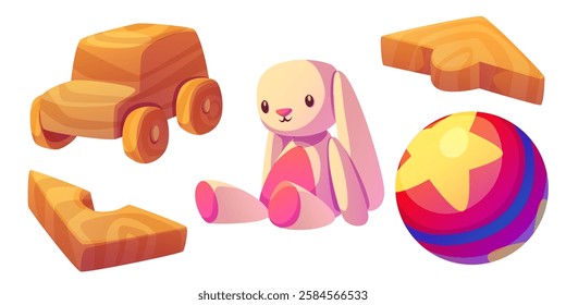 Wooden toy collection with rustic car, building puzzle blocks, pink plush bunny and colorful striped ball. Cartoon traditional children playthings in natural materials and bright game elements.