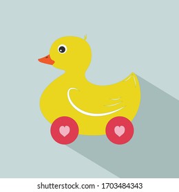 Wooden toy duck isolated on blue background. Vector illustration.