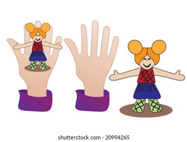 Wooden toy girl and open hand