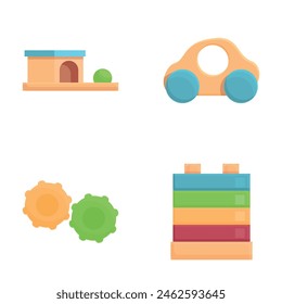 Wooden toy icons set cartoon vector. Ecological wooden toy for children. Logical entertainment