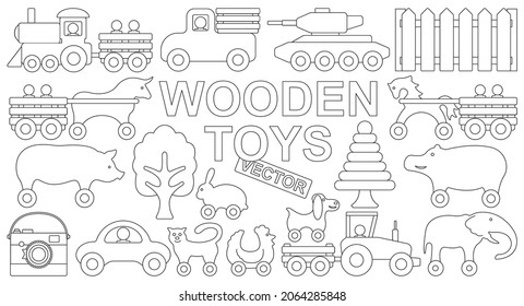 Wooden toy vector illustration on white background. Isolated outline set icon wood doll. Vector outline set icon wooden toy.