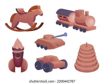Wooden toys. Attraction for kids cars houses soldiers cubes exact vector toy collection isolated on white
