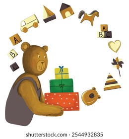 Wooden toys and a bear with presents, perfect for festive illustrations, holiday decorations, and children’s designs.