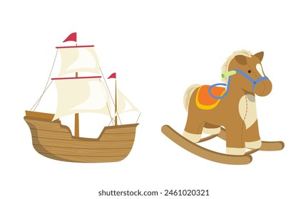 Juguetes de madera para niños kit, caballo mecedor y barco de vela aislados sobre fondo blanco