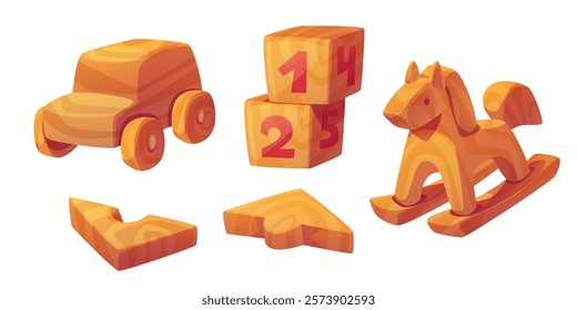 Wooden toys collection with classic designs - wheeled car vehicle, numbered learning blocks, rocking horse figure, geometric shape puzzles. Natural material playthings for early childhood development.