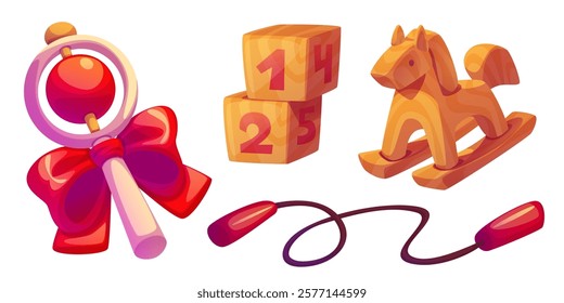 Wooden toys collection with numbered education blocks, rocking horse, rattle with red bow, jumping rope. Eco developmental playthings for preschool learning games and child entertainment activities.