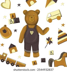 Wooden toys and a cute bear background, perfect for children's decor, nursery designs, and playful themes.