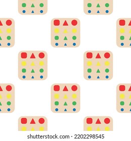 Wooden toys for kids games. Baby seamless pattern with Montessori subject. Education logic toys for preschool kids. Montessori system for early childhood development.