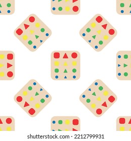 Wooden toys for kids games. Baby seamless pattern with Montessori subject. Education logic toys for preschool kids. Montessori system for early childhood development.