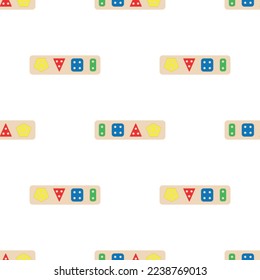 Wooden toys for kids games. Baby seamless pattern with Montessori subject. Education logic toys for preschool kids. Montessori system for early childhood development.