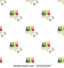 Wooden toys for kids games. Baby seamless pattern with Montessori subject. Education logic toys for preschool kids. Montessori system for early childhood development.