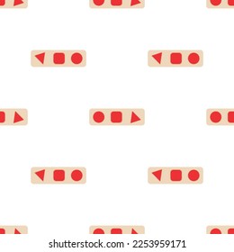 Wooden toys for kids games. Baby seamless pattern with Montessori subject. Education logic toys for preschool kids. Montessori system for early childhood development.