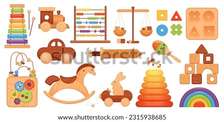 Wooden toys for kids set vector illustration. Cartoon isolated Montessori collection for toddlers with wood pyramid and cute vintage rocking horse, puzzles and car, blocks for building castle, sword