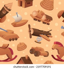 Wooden toys pattern. Handmade attractions for happy kids playground tools cars rockets bricks exact vector seamless background