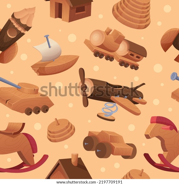 Wooden toys pattern. Handmade attractions for\
happy kids playground tools cars rockets bricks exact vector\
seamless background