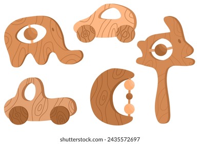 Juego de juguetes de madera. Sonajeros de madera bebé. Sonajeros de bebé en concepto de estilo escandinavo.