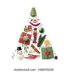 Wooden toys and traditional decorations in the shape of a tree.