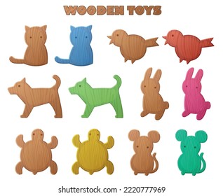 Wooden toys vector illustration, animals shaped figures made of wood design, cat dog mouse, bird rabbit turtle toys collection isolated on white background