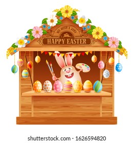 Wooden trade stall for festive Easter Market, decorated by flowers and colored Easter eggs. Cartoon smiling bunny with paintbrush and palette. Vector illustration.