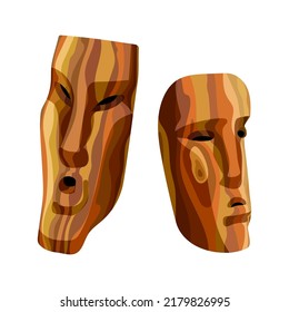 Wooden traditional masks of ancient spirits. Folk mystical characters. Tiki idols. Decoration for tourist posters. Vector illustration isolated on a white background in a cartoon and flat design.