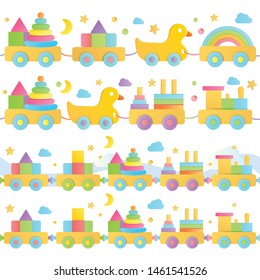 Wooden train baby toy seamless line for decorating invitation cards and banners. Decorative divider elements in pastel colors. Montessori toddler toys cartoon illustrations. Colorful doodle pattern.